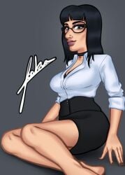 1girls 2d 2d_(artwork) alternate_version_available black_hair button_down_shirt clothed clothing digital_drawing_(artwork) digital_media_(artwork) female female_focus female_only glasses jane_(summertime_saga) joakadraws light-skinned_female light_skin long_hair looking_at_viewer nose_piercing pose posing shirt simple_background skirt smile smiling solo solo_focus summertime_saga watermark