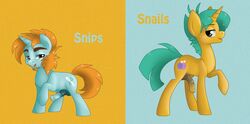 2013 cutie_mark duo equine erection facial_hair feral flaccid freckles friendship_is_magic green_fur green_hair hair horn horse horsecock my_little_pony orange_fur orange_hair penis pony snails_(mlp) snips_(mlp) sugarcup unicorn