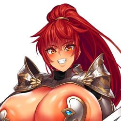 areola_slip areolae armor bikini_armor blush eyebrows_visible_through_hair female female_focus female_only gigantic_breasts hair_between_eyes hair_tie large_areolae long_hair looking_at_viewer obui orange_eyes original_character ponytail red_hair skimpy skimpy_armor smile smiling smiling_at_viewer teeth_showing upper_body white_background