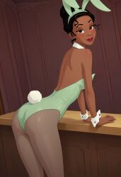 ai_generated bare_shoulders black_hair bunny_ears dark-skinned_female dark_skin detached_collar detached_cuffs disney disney_princess fake_animal_ears female female_only green_leotard hair_bun leotard pantyhose playboy_bunny princess_tiana red_lipstick sandlecrantz_(ai_generator) self_upload solo solo_female strapless_leotard the_princess_and_the_frog tiana