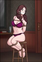 1girls arms_behind_back bare_arms bare_legs bare_midriff bare_shoulders barefoot bondage bottle bound bound_arms bound_legs bound_to_chair bound_wrists bra breasts brown_hair brush captured chair cleavage collarbone door dorothea_arnault earrings female female_only femsub fire_emblem fire_emblem:_three_houses frown gag green_eyes hair_over_shoulder indoors just_some_guy large_breasts legs lingerie long_hair looking_at_viewer looking_to_the_side midriff mirror nintendo on_chair panties purple_bra purple_panties restrained rope rope_bondage shoulders sitting solo underwear
