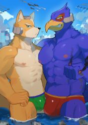 2024 abs absurd_res anthro armor avian beak big_bulge blue_body bodily_fluids bulge bulge_frottage canid canine city clothed clothing destruction detailed_bulge duo falco_lombardi fist fox fox_mccloud genital_outline green_eyes headgear helmet hi_res macro male mammal muscular muscular_anthro muscular_male nintendo nipples non-mammal_nipples nyarusanlove orange_body pecs sea ship speedo star_fox sweat swimwear tail topless vehicle water watercraft