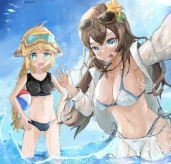 beach beach_ball bikini blonde_hair blue_earrings brown_hair cyan_eyes earrings engineer_marianne_(guardian_tales) flower_in_hair guardian_tales marianne_(guardian_tales) ocean peace_sign pussy_bulge scientist_on_the_beach_sohee_(guardian_tales) sea sohee_(guardian_tales) sunglasses sunglasses_on_head teatan tongue_out www1_(artist) yellow_flower