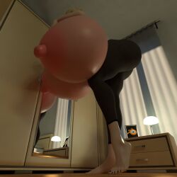 3d 3d_(artwork) bedroom big_nipples black_leggings black_nails blender blonde_hair breast_expansion giantess giantess_growth huge_breasts mario_(series) mirror nintendo princess_rosalina squidly standing super_mario_galaxy thick_thighs