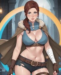 adventurer ai_generated cleavage cloak female hi_res medium_breasts mexkwigo midriff original original_character shorts solo