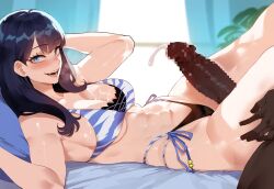 1boy ai_generated bikini black_hair blue_eyes censored creamy_ai dark-skinned_male female gridman_universe interracial large_breasts legs_up lying lying_on_back navel on_bed penis side_view ssss.gridman takarada_rikka thiccwithaq_(ai_style) thick_thighs thigh_sex