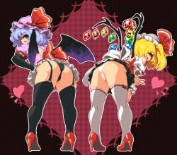 2girls adapted_costume ass black_legwear black_panties blonde_hair blue_hair clothes_lift flandre_scarlet flat_ass full_body garter_straps hat heart high_heels miniskirt multiple_girls panties pantyshot pixel_art purple_hair red_eyes red_footwear remilia_scarlet side_ponytail skirt skirt_lift standing takorin thighhighs touhou underwear white_legwear white_panties white_thighhighs wings