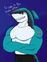 anthro arms arms_crossed big_arms blue_background broad_shoulders crossed_arms dark_blue_background face_scar gills grin hungry_shark intimidating lowres male_focus male_only muscles muscular_arms muscular_male non-web_source pecs scars shark shark_teeth sharp_teeth shoulders teal_body upper_body