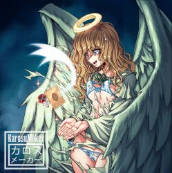 1girls angel anger_vein aureola blue_eyes brown_hair card duel_monster female graceful_charity halo karosu-maker torn_clothes watermark wings yu-gi-oh! yu-gi-oh!_duel_monsters