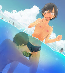 1boy 1girls censored female flat_chest male nipples sea_cucumber speedo swimsuit tomboy water