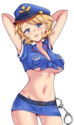 1girls absurd_res arms_behind_head arms_up belt black_panties blonde_hair blue_eyes blush breasts cleavage cowboy_shot creatures_(company) crop_top earrings female female_only front-tie_top fully_clothed game_freak gluteal_fold handcuffs hands_behind_head hat heart hi_res large_breasts looking_at_viewer maho_(corotonton5150) microskirt midriff miniskirt navel nintendo no_bra panties panty_peek parted_lips pokemon pokemon_(anime) police police_hat police_uniform policewoman pose request revealing_clothes serena_(pokemon) short_hair simple_background skimpy_clothes skirt solo standing thigh_gap underboob uniform