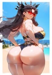 1girls ai_generated ass bikini black_hair dat_ass earrings fate/grand_order fate_(series) female_only gold hands_on_hips ishtar_(fate) lips liu_(artist) long_hair looking_at_viewer looking_back red-tinted_eyewear red_eyes smile solo_female sunglasses thiccwithaq_(ai_style) tinted_eyewear