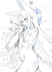 animal_ear_fluff animal_ears blue_archive blush collarbone completely_nude cowboy_shot disembodied_limb ear_blush extra_ears female finger_in_another's_mouth fox_ears fox_girl fox_tail halo hand_grab heart hickey highres long_hair lying nude on_side pussy_juice seia_(blue_archive) spoken_heart tail tearing_up trembling very_long_hair yun_(dust-i1)