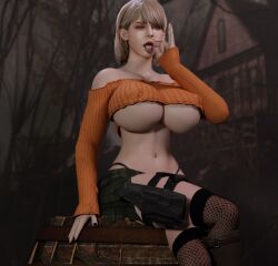 1girls 3d ahe_gao ashley_graham ashley_graham_(ella_freya) belly_button big_breasts blonde_hair female huge_breasts leggings light-skinned_female light_skin midriff nipples_visible_through_clothing painted_nails resident_evil resident_evil_4 resident_evil_4_remake solo suffering3d tagme tongue_out underboob