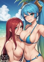 2girls ai_generated arleryn beach blue_eyes blue_hair breast_sucking green_eyes katarina_du_couteau league_of_legends league_of_legends:_wild_rift lesbian nude_female red_hair selfie smile sona_buvelle stable_diffusion wink yuri