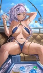 1girls archinoer bikini breasts female green_eyes hi_res hololive hololive_indonesia large_breasts lavender_hair light-skinned_female light_skin long_hair looking_at_viewer naughty_face pavolia_reine spread_legs sweat thick_thighs virtual_youtuber
