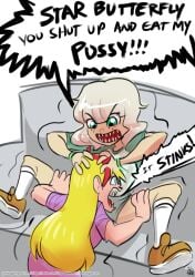 2girls angry_face blonde_female comedy disney_xd freckles gross jackie_lynn_thomas jerkdouglas lesbian multiple_girls spread_legs spreading star_butterfly star_vs_the_forces_of_evil