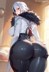 ai_generated arlecchino_(genshin_impact) ass ass_focus ass_grab black_eyes black_hair blush breasts cameltoe coat coattails deep_skin female from_behind genshin_impact huge_ass hydrolis999 large_breasts long_hair looking_at_viewer looking_back low_ponytail multicolored_hair pants red_pupils shiny shiny_clothes shiny_hair sideboob skin_tight solo tight_pants two-tone_hair very_long_hair white_hair