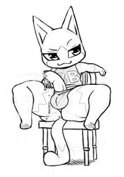 1boy animal_crossing balls chair feline male male_only monochrome nintendo penis precum presenting shojiku solo source_request tom_(animal_crossing) uncut underwear year_request