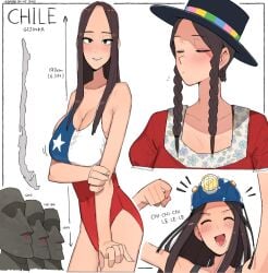 1girls breasts brown_hair chile chile_(ohasi) chilean_female chilean_flag chilean_flag_swimsuit cleavage covered_navel dress female_focus hat long_hair ohasi one-piece_swimsuit original_character tagme