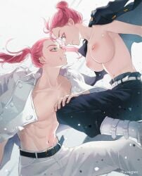 1boy 1girls ai_generated brothers commentary commentary_request delinquent edited female fight gangster green_eyes male pink_hair request sanzu_haruchiyo senju_kawaragi tokyo_revengers topless