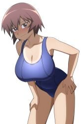 1girls azumanga_daiou bending_forward bending_over big_breasts bob_cut breasts brown_eyes brown_hair cleavage commission commissioner_upload competition_school_swimsuit competition_swimsuit female high_resolution highres hips huge_breasts kagura_(azumanga_daiou) kdtwifi looking_at_viewer one-piece_swimsuit solo_female swimsuit swimwear tan_skin tanline tanned_female thighs tight_clothing tomboy tummy white_background