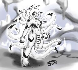 abstract_background breasts building claws dragon dripping eye_markings eyeless female flaccid flared_penis futanari genitals glistening glistening_body greyscale hi_res horn ink intersex intersex_only markings mature_female monochrome monochrome_body monster mythological_creature mythological_scalie mythology nipples oil penis pseudo_hair reptile scalie serth solo striped_body striped_markings stripes tentacle tentacle_hair