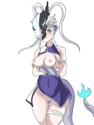 1girls artist_name artist_request blue_eyes breasts dragon dragon_girl dragon_tail female female_only half-dressed half_naked helmet helmet_over_eyes large_breasts long_hair nipples pussy pussy_lips swordsoul_of_mo_ye tail thick_thighs thighs white_background white_hair yu-gi-oh!