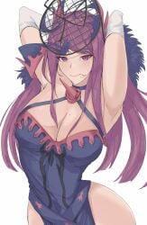 1girls armpits arms_up bare_thighs beauty_mark breasts calmgreentori cleavage dress elbow_gloves fascinator female female_only fire_emblem fire_emblem_engage gloves ivy_(fire_emblem) large_breasts looking_at_viewer mole mole_under_mouth nintendo pelvic_curtain purple_eyes purple_hair smile solo thighs white_background wide_hips