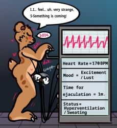 anthro aroused bear black_sclera blush blush_lines bodily_fluids brown_body brown_fur cardiophilia chayota claws closed_eyes countershading cum dialogue disembodied_hand doki_doki duo electronics fur fur_markings fur_pattern genital_fluids genitals handjob heart_(marking) heartbeat looking_pleasured machine male mammal markings medical_instrument nervous nude onomatopoeia penile penis penis_grab scientific_instrument sex sound_effects speech_bubble standing sweat sweatdrop text worried