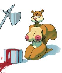 anthro avioylin axe big_breasts big_nipples blood bodily_fluids bound breasts execution female fluffy fluffy_tail gore guro hi_res imminent_death nickelodeon nipples sad sandy_cheeks simple_background solo spongebob_squarepants submissive submissive_female tail thick_thighs