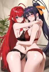 2girls ai_generated akeno_himejima big_ass bikini blushing_female breasts_pressed_against_another breasts_to_breasts cleft_of_venus curvy_females females_only girlfriends high_school_dxd hugging_each_other indoors large_breasts lesbian_couple rias_gremory rias_x_akeno smile symmetrical_docking yuri yuri yuri