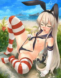 akasaai animal_ears battleship beach black_panties blonde_hair blush bunny_ears closed_eyes elbow_gloves female gloves high_resolution kantai_collection long_hair masturbation ocean panties shimakaze_(kantai_collection) ship sitting solo striped striped_legwear sweat thighhighs underwear undressing very_long_hair