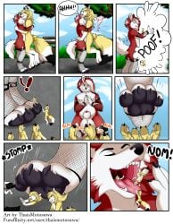 2018 absurd_res anthro balls bulge canid canine clothing comic comic_panel duo extreme_size_difference feet female fishnet_clothing fishnet_legwear foot_fetish foot_focus footwear fox generation_7_pokemon genitals hi_res hug legwear lycanroc macro male male/female mammal micro nintendo pawpads paws pokemon pokemon_(species) sheath sheathed size_difference socks thaismotosuwa tongue transformation vore