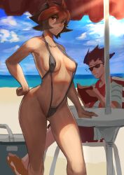 atlas_(megaman) beach bikini breasts mega_man mega_man_zx melonnn nipples one-piece_swimsuit