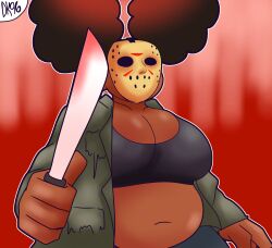 afro_puffs belly belly_button big_belly big_breasts breasts chubby chubby_belly chubby_female cleavage daisykitty96 dark-skinned_female female female_only jason_voorhees_(cosplay) machete mask melody_(daisykitty96) solo weapon