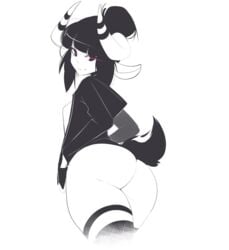 ass back_view black_hair black_legwear dat_ass female female_only horns looking_back monochrome monster_girl no_panties pinup pose sheep_girl sheepgirl_(stickysheep) simple_background smile solo stickysheep striped striped_legwear tail thighhighs