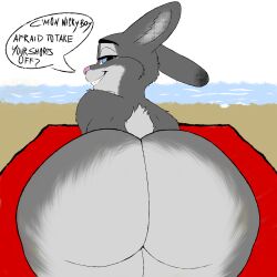 absurd_res all_fours anthro ass beach bedroom_eyes curvy_figure disney female flat_colors hi_res judy_hopps lagomorph leporid looking_at_viewer looking_back mammal narrowed_eyes nude presenting presenting_hindquarters rabbit raised_tail seductive simusart smile solo tail teasing teasing_viewer thick_thighs voluptuous zootopia