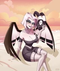 1girls alternate_version_available angel angel_wings beach big_breasts clothed clothing crossed_legs female female_focus female_only hazbin_hotel light-skinned_female light_skin looking_at_viewer lute_(hazbin_hotel) mask mask_removed napking sitting vivienne_medrano vivziepop white_hair