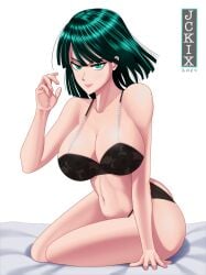 1girls artist_logo asian asian_female ass big_breasts bra busty cleavage fubuki_(one-punch_man) green_eyes green_hair japanese_female jckix_art light-skinned_female light_skin lingerie looking_at_viewer one-punch_man panties sitting_on_bed