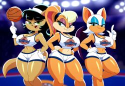 3girls ai_generated anthro basketball basketball_uniform crossover curvy kitty_katswell large_breasts lola_bunny novelai rouge_the_bat sonic_(series) space_jam t.u.f.f._puppy thick_thighs tunesquad