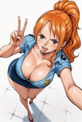 ai_generated alluring big_breasts blush breasts brown_eyes cleavage female female_only long_hair looking_at_viewer nami nami_(one_piece) one_piece open_mouth orange_hair peace_sign police_hat police_officer police_uniform policewoman seducing seduction seductive seductive_body seductive_eyes seductive_gaze seductive_look seductive_mouth seductive_pose shiny_hair shiny_skin skirt sweat sweatdrop sweating sweaty sweaty_body tongue_out voluptuous voluptuous_female yashin