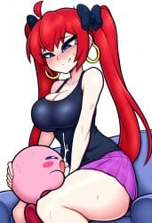 1boy 1futa ai_generated blowjob blue_eyes blue_hair_ribbon cum cum_drip futanari goth goth_futa goth_girl goth_mommy hoop_earrings izzyredlove_(oc) kirby kirby_(series) large_breasts leather_jacket male/futa on_lap original original_character pale-skinned_futanari pale_skin red_hair twintails twintails_(hairstyle)