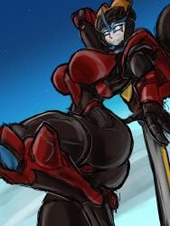 1girls autobot big_breasts female female_autobots female_only heeled_feet honooafterdark huge_breasts large_breasts robot robot_girl slim_waist solo space_background stars tagme thick_thighs transformers windblade