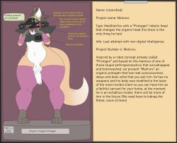 1boy anthro ass big_butt big_penis blood bodily_fluids canid canine canis curvy_figure dialogue flat_colors fox genitals hi_res information_box machine male male_only mammal melinxis_(photolol.03) nude penis photolol.03 protogen shoulder_pads simple_background solo speaker text thick_thighs voluptuous wide_hips