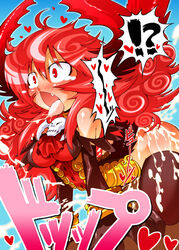 armor armored_dress black_gloves black_legwear blush bottomless breasts cum curly_hair cute_fang demon_girl elbow_gloves female fucked_silly full-face_blush gloves heart horns ichikai long_hair maou_beluzel original red_eyes red_hair saliva shocked_eyes skull solo spoken_heart tears thighhighs tongue tongue_out yuusha_to_maou