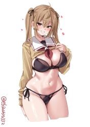 black_bra bow bow_bra bow_panties bra breasts brown_eyes cardigan cardigan_lift cleavage cowboy_shot ebifurya female grin hair_ribbon highres kantai_collection large_breasts light_brown_hair long_hair looking_at_viewer murasame_(kantai_collection) navel neckerchief panties red_eyes red_neckerchief ribbon school_uniform serafuku side-tie_panties smile solo stomach twintails twitter_username underwear white_background