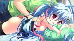 areolae bed blue_hair blush breasts censored female game_cg hair_ornament long_hair luluna magical_marriage_lunatics!! medium_breasts moonstone nipples open_mouth ornament penis pillow purple_eyes ribbon thighhighs tied_hair twintails yamakaze_ran