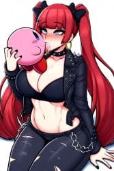 ai_generated blowjob blue_eyes blue_hair_ribbon goth_girl goth_mommy hoop_earrings izzyredlove_(oc) kirby kirby_(series) large_breasts leather_jacket original original_character pale_skin red_hair twintails