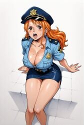 ai_generated alluring big_breasts blush breasts brown_eyes cleavage female female_only long_hair looking_at_viewer nami nami_(one_piece) one_piece open_mouth orange_hair police_hat police_officer police_uniform policewoman seducing seduction seductive seductive_body seductive_eyes seductive_gaze seductive_look seductive_mouth seductive_pose shiny_hair shiny_skin sitting skirt sweat sweatdrop sweating sweaty sweaty_body thick_thighs voluptuous voluptuous_female yashin